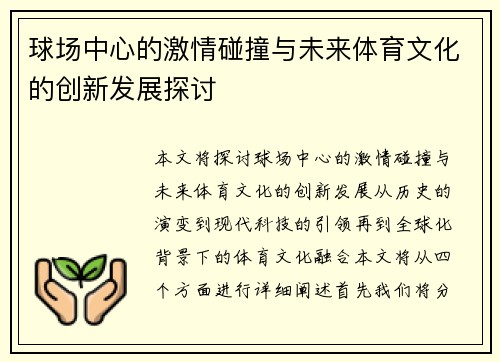 球场中心的激情碰撞与未来体育文化的创新发展探讨