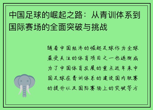 中国足球的崛起之路：从青训体系到国际赛场的全面突破与挑战
