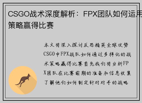 CSGO战术深度解析：FPX团队如何运用策略赢得比赛